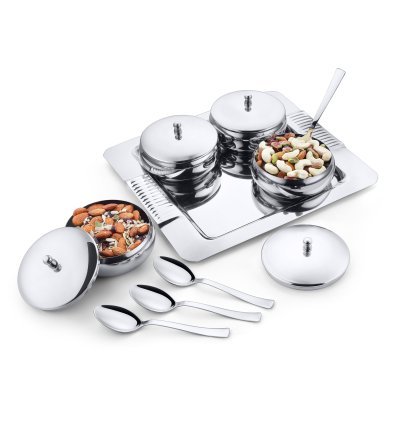 SS Snack set 9 pcs ( 1 x Tray + 4 x Bowl + 4 x Spoon)